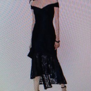 Xscape Womens Navy Lace Off-The-Shoulder Hi-Low Midi Dress Petites 2P  Pre-owne